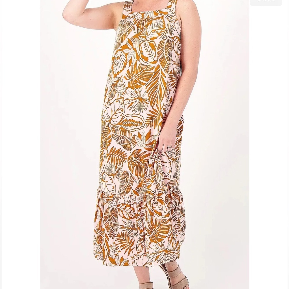 Koolaburra By Ugg Tropical Palm Leaves Pull On Jersey Tiered Lounge Dress.